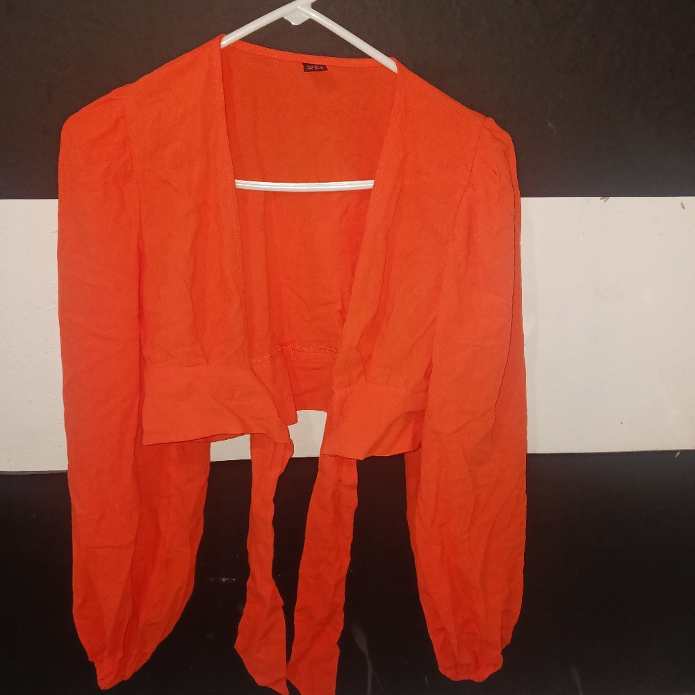 SHEIN Women Orange Puff Shoulders Tie Crop Top - Picture 5 of 7